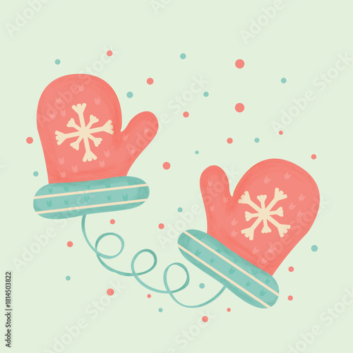 Winter gloves for hands. Imitation of watercolor in vector. Vintage mittens on a rope, children's.