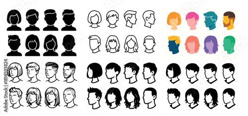 Various illustrated hairstyles and silhouettes