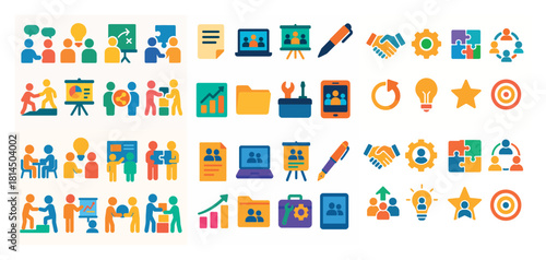 Colorful business teamwork icons collection
