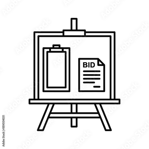 Black and white line art icon of an easel displaying a document labeled bid and a blank clipboard for auction or business presentation concept isolated on