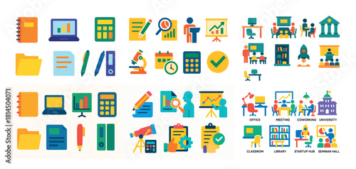 Colorful office and education icons set