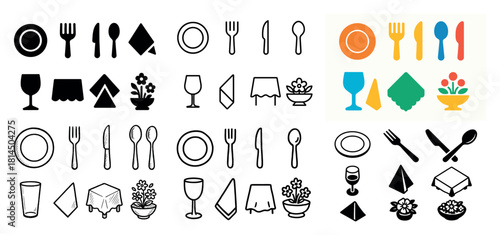 Tableware icons: plates, cutlery, napkins