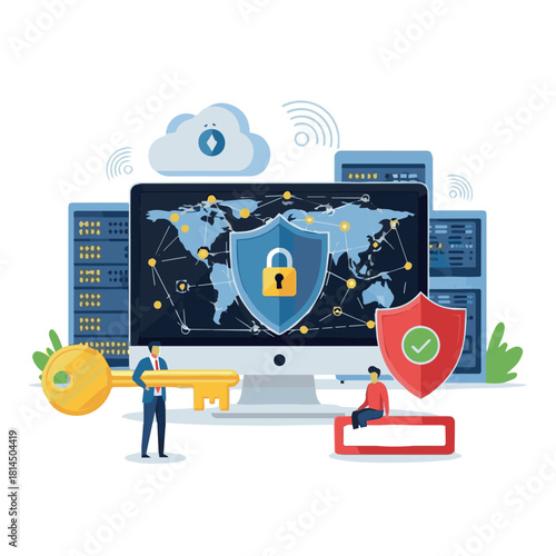 Vector illustration of global cybersecurity monitoring on multiple devices with technical experts, useful for digital protection campaigns and cyber information technology education content