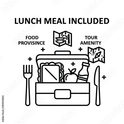 Lunch meal included icon, featuring a lunchbox with food, drink, and cutlery, representing tour amenities, isolated on