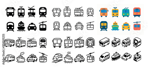 Transportation icons set: trains, ships