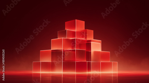 Cybersecurity Firewall Protection Concept: Glowing Red Geometric Blocks Tower
