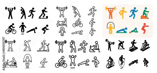 Diverse stick figures in various exercises