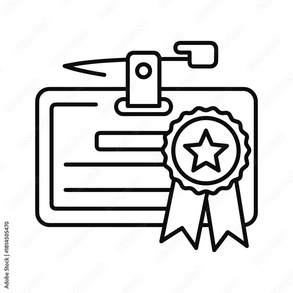 Obraz premium Line icon of an achievement badge or award certificate attached to an identification card with a clip, isolated on