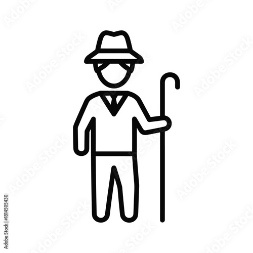 Elderly man with a hat and walking stick, representing senior care, retirement, or traditional attire