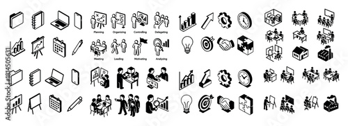 Business icons set: planning, meeting, analysis