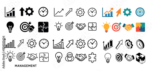 Business icons set: growth, strategy, time