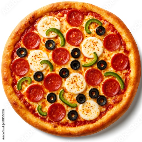 Deluxe Pepperoni, Mozzarella, Olive and Green Pepper Pizza Illustration