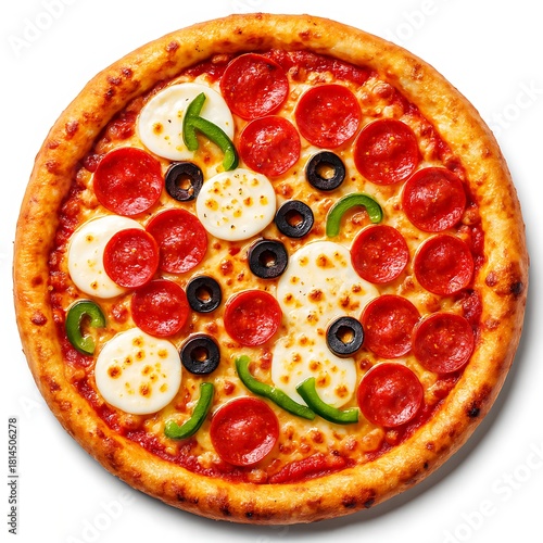 Deluxe Pepperoni, Mozzarella, Olive and Green Pepper Pizza Illustration