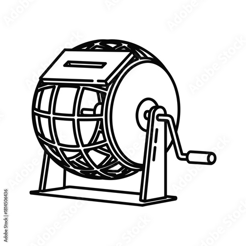 Black and white line art illustration of a raffle drum or lottery tumbler machine isolated on