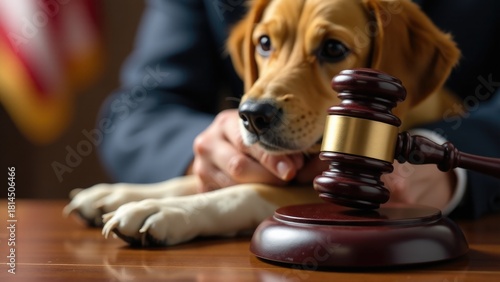 A dog sitting next to a judge's gavel, ideal for legal or courtroom-themed uses