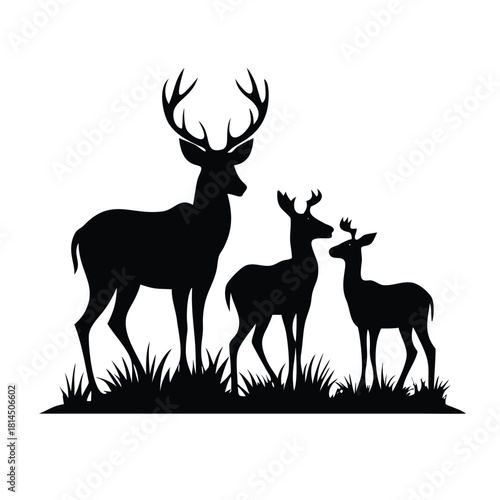 Deer Family Icon with Buck and Fawns in Grass Wildlife Nature Vector Illustration