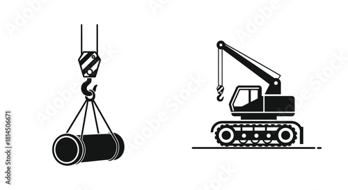 Construction equipment a crane lifting heavy cylindrical pipes with a crawler