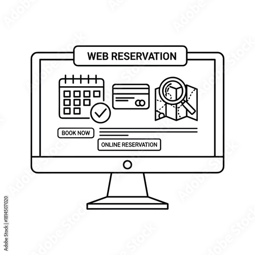Outline icon of a computer screen displaying web reservation interface with calendar, credit card, and map