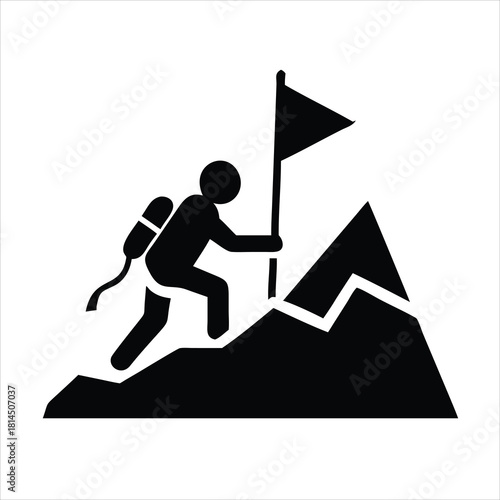 Mountain climber silhouette reaching summit with flag on white background