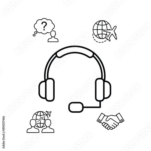 Customer service headset with global travel and business communication icons, representing support and international assistance