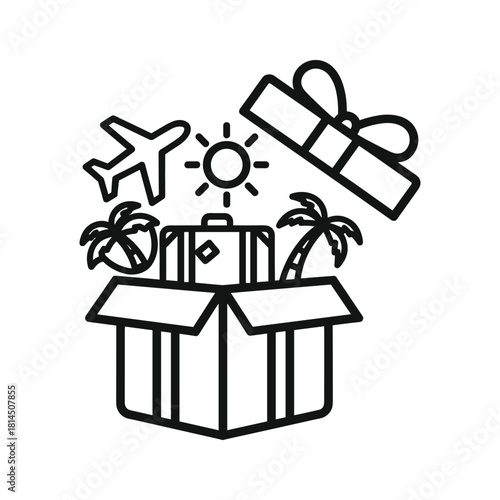 Outline icon of a gift box opening to reveal travel elements airplane, sun, palm trees, and suitcase, symbolizing a vacation package or travel gift