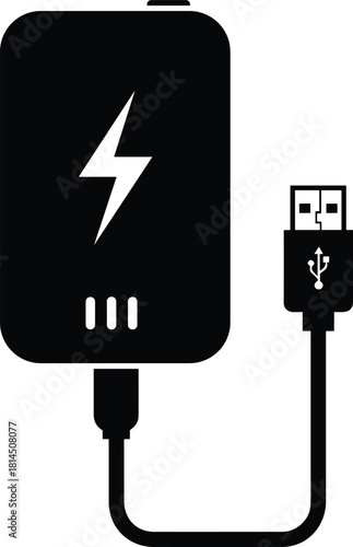 Portable power bank silhouette, external battery charger icon, usb cable connection, electric energy storage symbol, flat vector illustration design