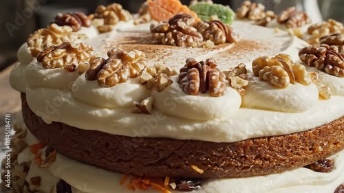 A multi-layered dessert features sponge cake, cream cheese frosting, and walnuts. The cake's brown layers contrast with the white frosting. Garnished with nuts