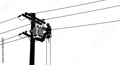 Silhouette of electrical lineman working on utility pole transformer, vector illustration of electrician maintaining power lines, energy industry concept.