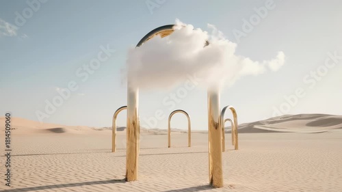 Golden arches rise from desert sand, a surreal cloud hovers mid-air
