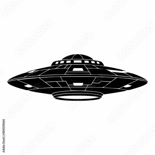 Flying Saucer UFO Silhouette Icon with Shadow Isolated Black and White