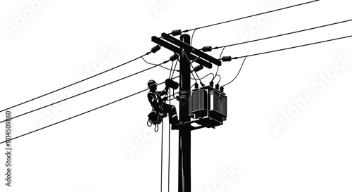 Silhouette of lineman climbing utility pole, electrician repairing transformer on high voltage power lines, vector illustration for energy industry maintenance.