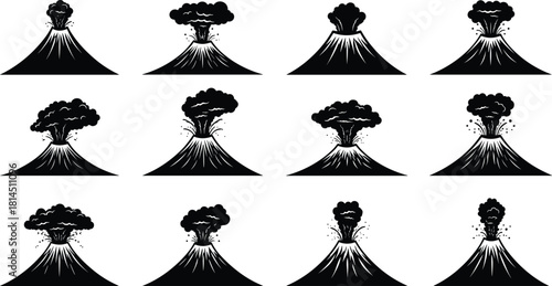 Volcano eruption silhouette set, smoking mountain icon collection, active lava crater vector, natural disaster explosion illustration, geological hazard symbol