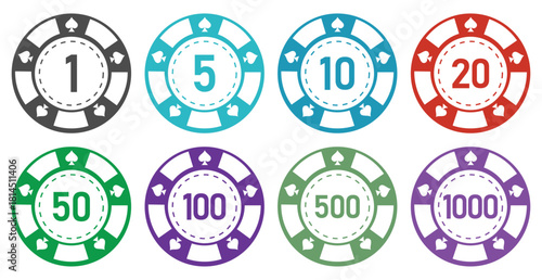 Casino coins chips set. Poker chips colorful icons vector set. Playing poker concept. Poker gambling bet : 1 to 1000$. Vector illustration.