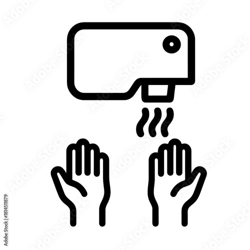 Air hand dryer icon in black outline style, symbolizing modern washroom drying system, ideal for hygiene signage, facility management apps and public restroom visuals