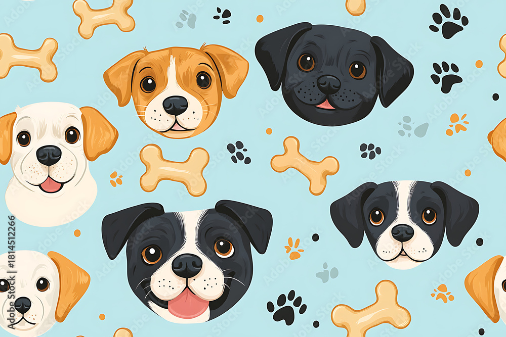 Obraz premium Vector seamless pattern with cute dogs, bones and paws on light blue. Cute dog breeds in different poses isolated on light blue background.