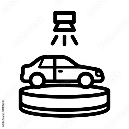 Showroom display icon with car on rotating platform under spotlight, black outline style, ideal for dealership marketing, premium auto presentation and commercial vector resources