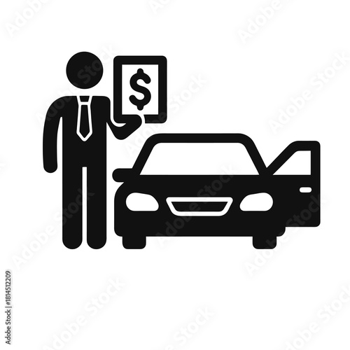 Car salesperson icon showing vehicle presentation with price tag, black outline style, ideal for auto sales platforms, dealership marketing and commercial vector usage