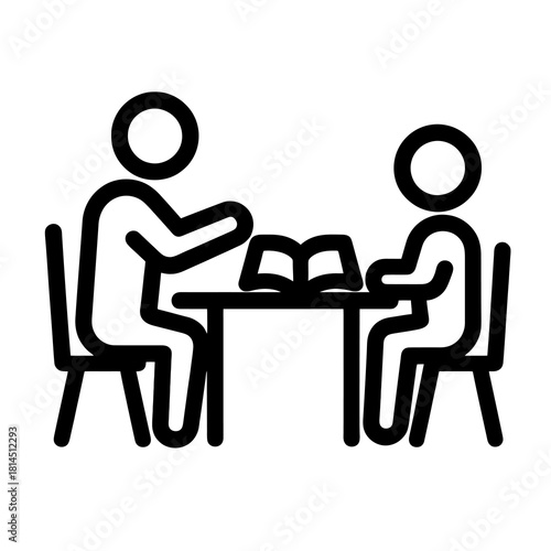 One-on-one mentoring icon in black outline style, depicting tutor guiding student with open book, ideal for academic support apps, private lessons and educational vector resources