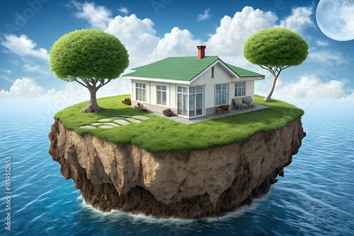 Floating island home surrounded by ocean under a cloudy sky