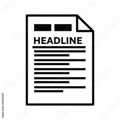 Black and white icon representing a document or article with a headline and text lines, isolated on