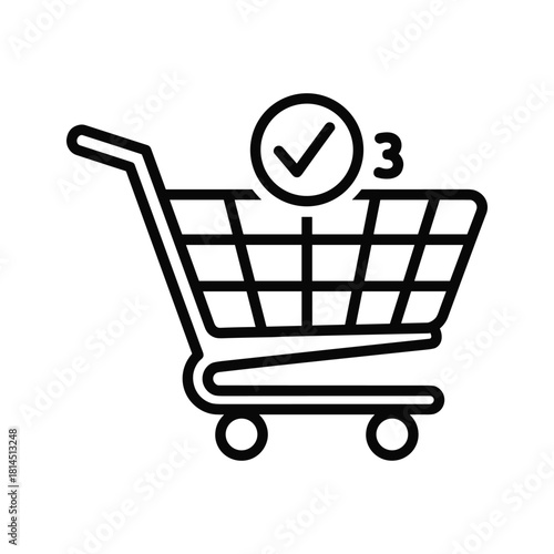 Black and white line icon of a shopping cart with a checkmark and the number three indicating a completed order or selection isolated on