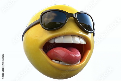 Funny yellow face emoji wearing sunglasses laughing out loud