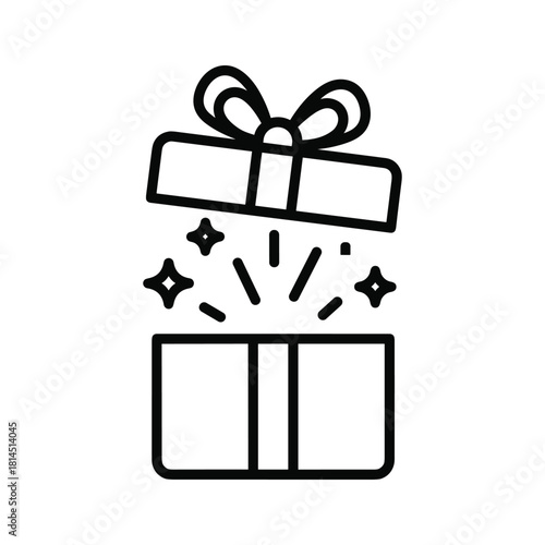 Black and white line icon of an open gift box with sparkles coming out, isolated on