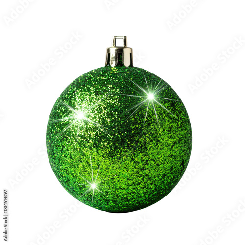 A shiny green christmas ornament with glitter and a silver top, reflecting light, isolated on a clean white background