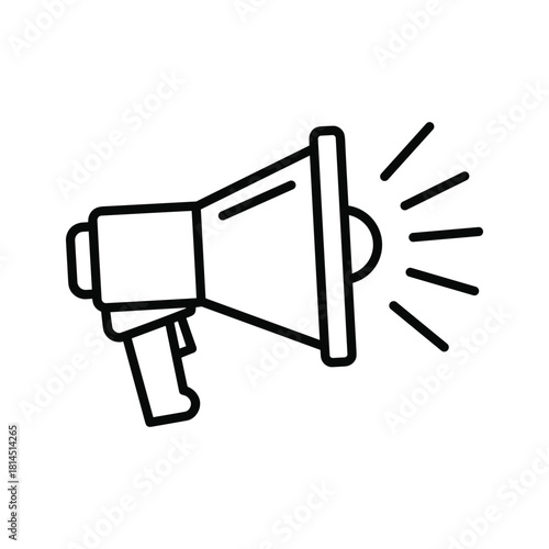 Simple black and white line icon of a megaphone or bullhorn symbolizing announcement, communication, or promotion isolated on