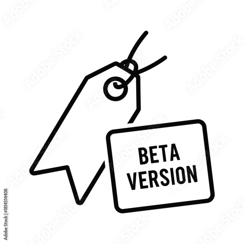 Black and white line art icon of a price tag with a smaller rectangular label showing text beta version