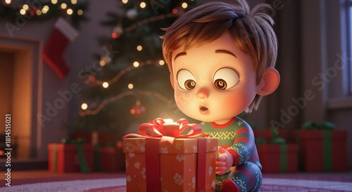 Surprised little boy staring at a glowing present on the floor by a dim Christmas tree
