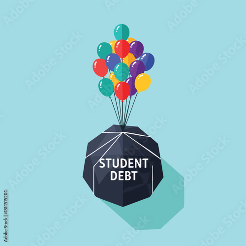 Colorful balloons lift a dark rock labeled student debt, symbolizing freedom from financial burdens and educational loans in a bright, optimistic illustration.