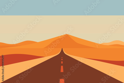 Long desert road leading to distant mountains under a pale sky flat vector
