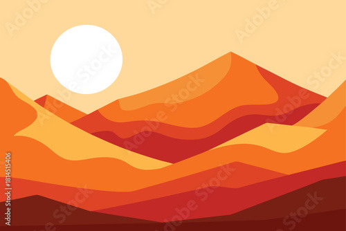 Desert landscape with sand dunes under bright white sun flat vector illustration